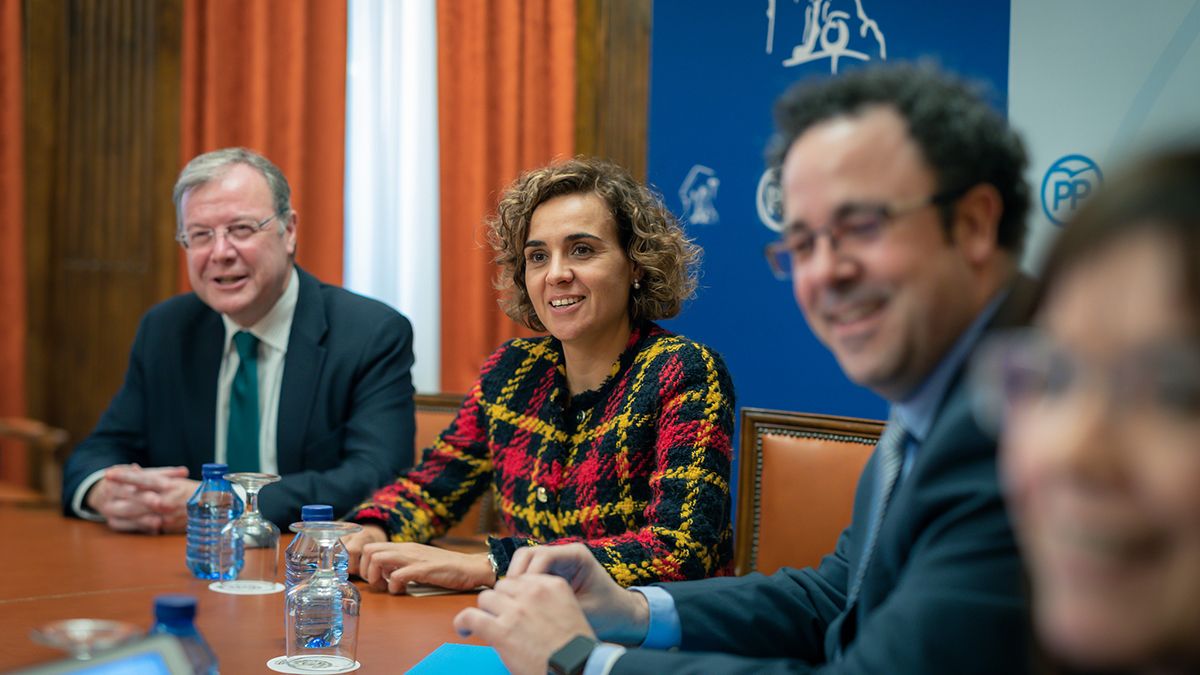 Antonio Silván y Dolors Montserrat, junto a Jesús García Lorente y Ana López, durante la reunión mantenida este miércoles en la oficina del PPen el Congreso.. |