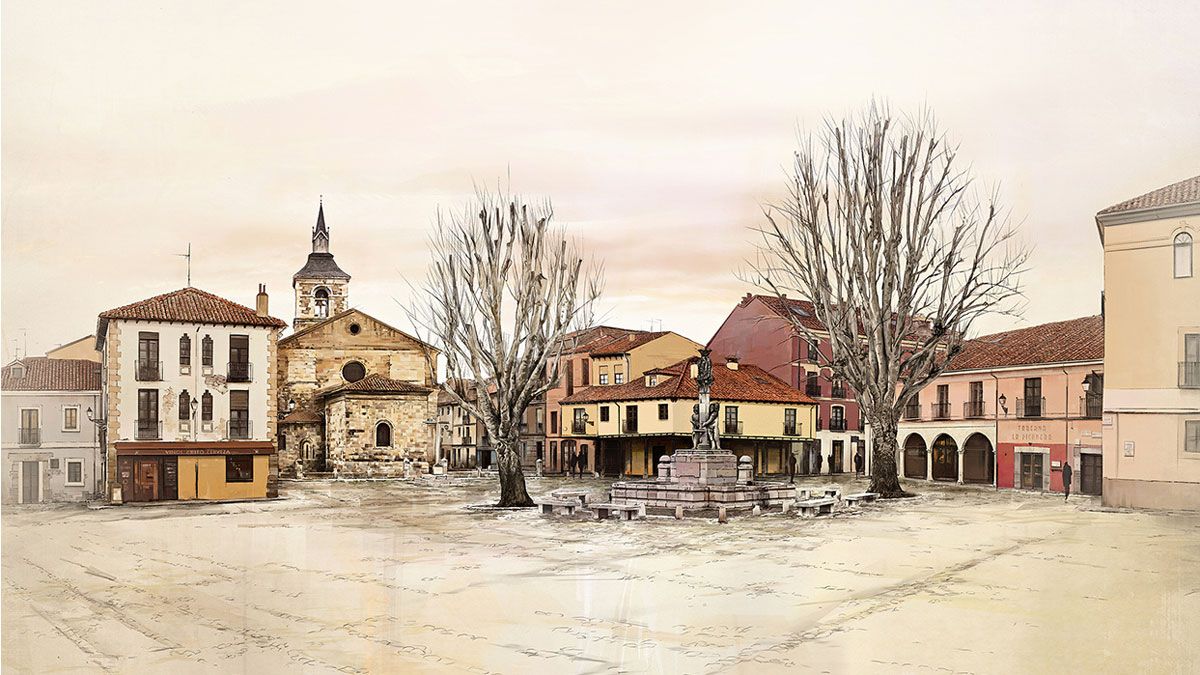 Digigrafía del artista leonés que muestra la plaza del Grano. | JAVIER SAHAGÚN Digigrafía del artista leonés que muestra la plaza del Grano. | JAVIER SAHAGÚN