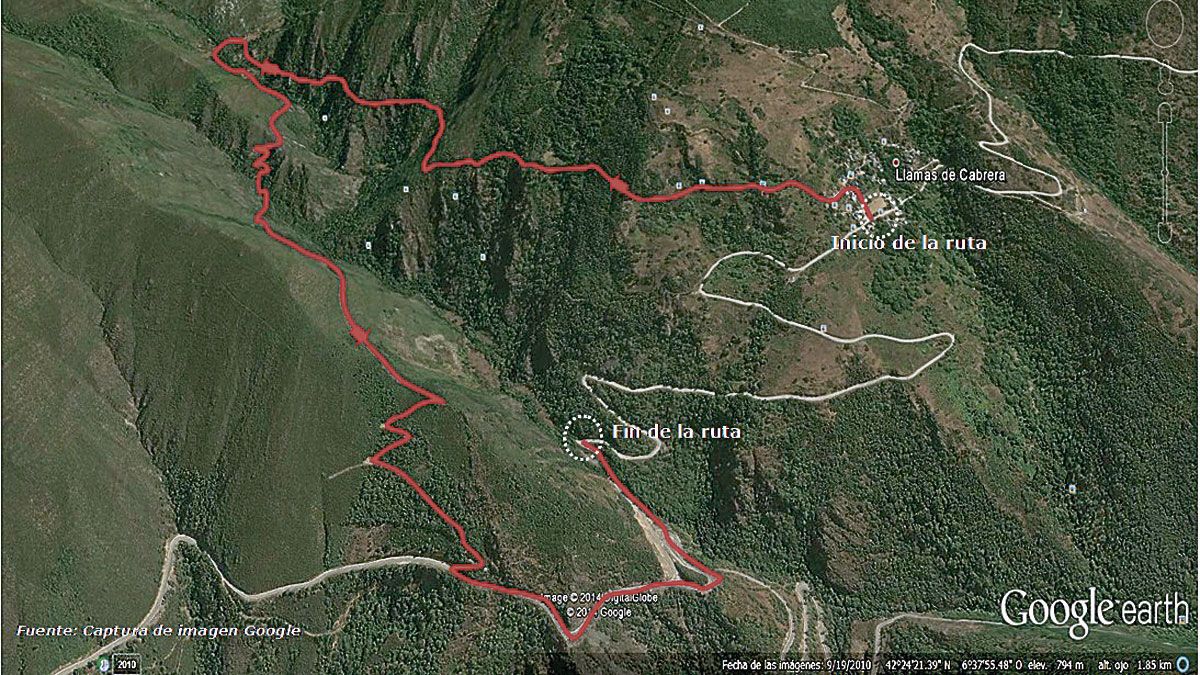 Ubicación de la ruta de senderismo ‘Un paseo por los canales romanos de Llamas de Cabrera’, en Google Earth.