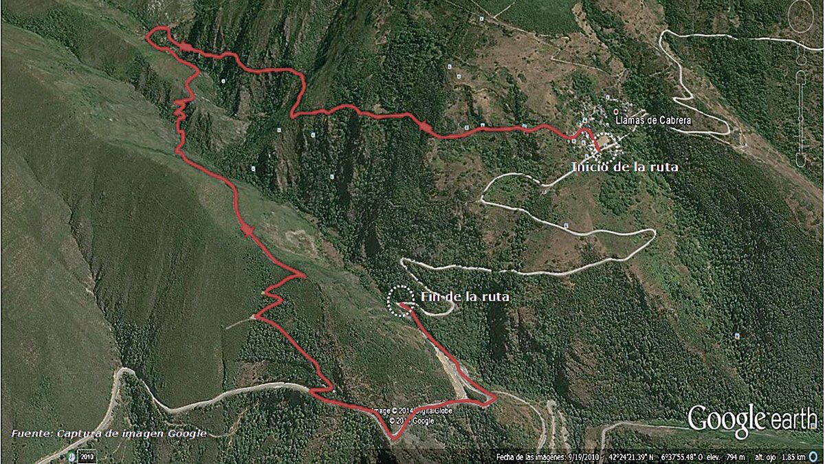 Ubicación de la ruta de senderismo ‘Un paseo por los canales romanos de Llamas de Cabrera’, en Google Earth. Ubicación de la ruta de senderismo ‘Un paseo por los canales romanos de Llamas de Cabrera’, en Google Earth.