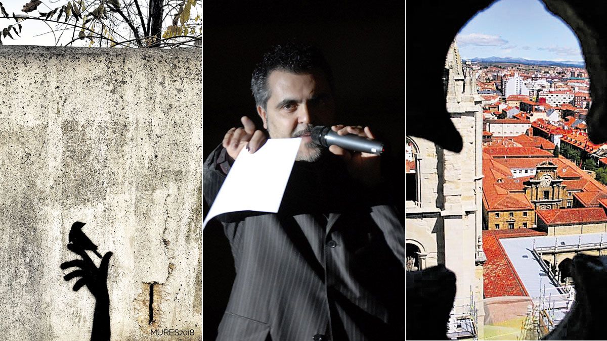 José Manuel Mures entre detalles de dos de las fotografías expuestas. | MAURICIO PEÑA / MURES José Manuel Mures entre detalles de dos de las fotografías expuestas. | MAURICIO PEÑA / MURES