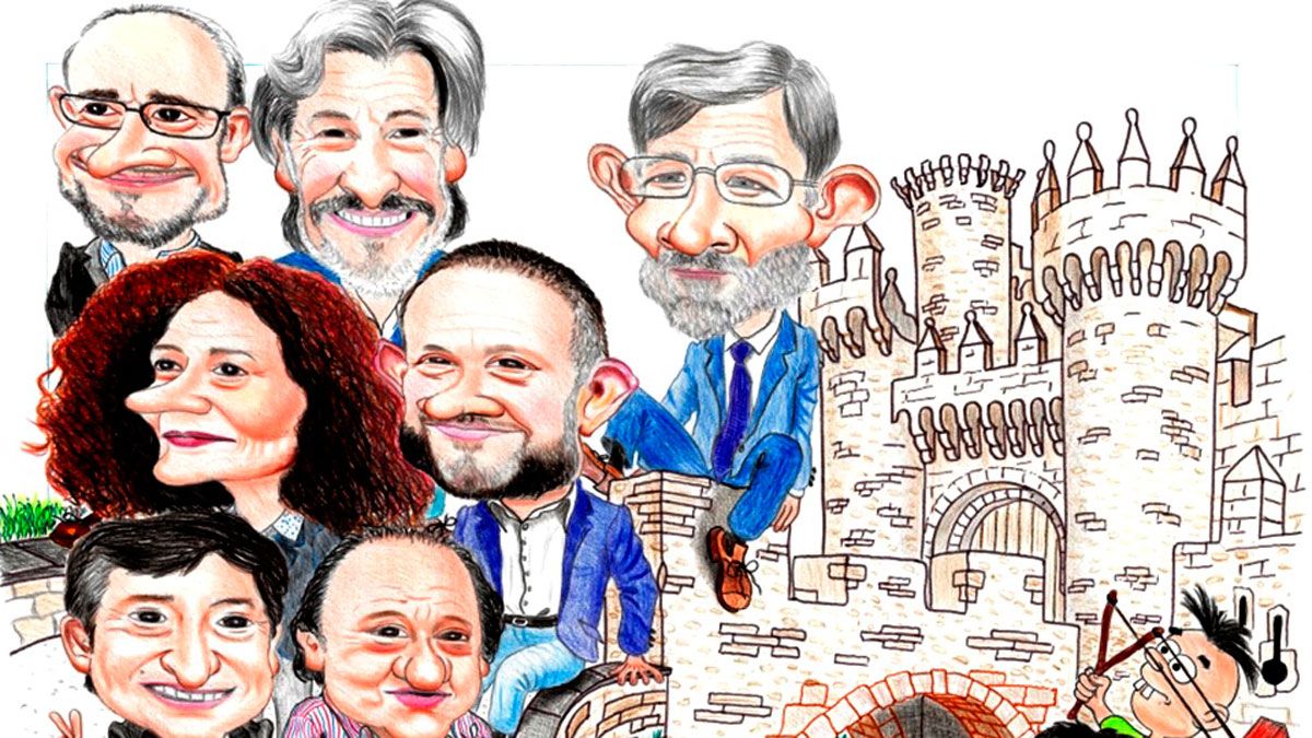 La caricatura de varios representantes políticos bercianos ante el castillo de Ponferrada. | A. AMIGO