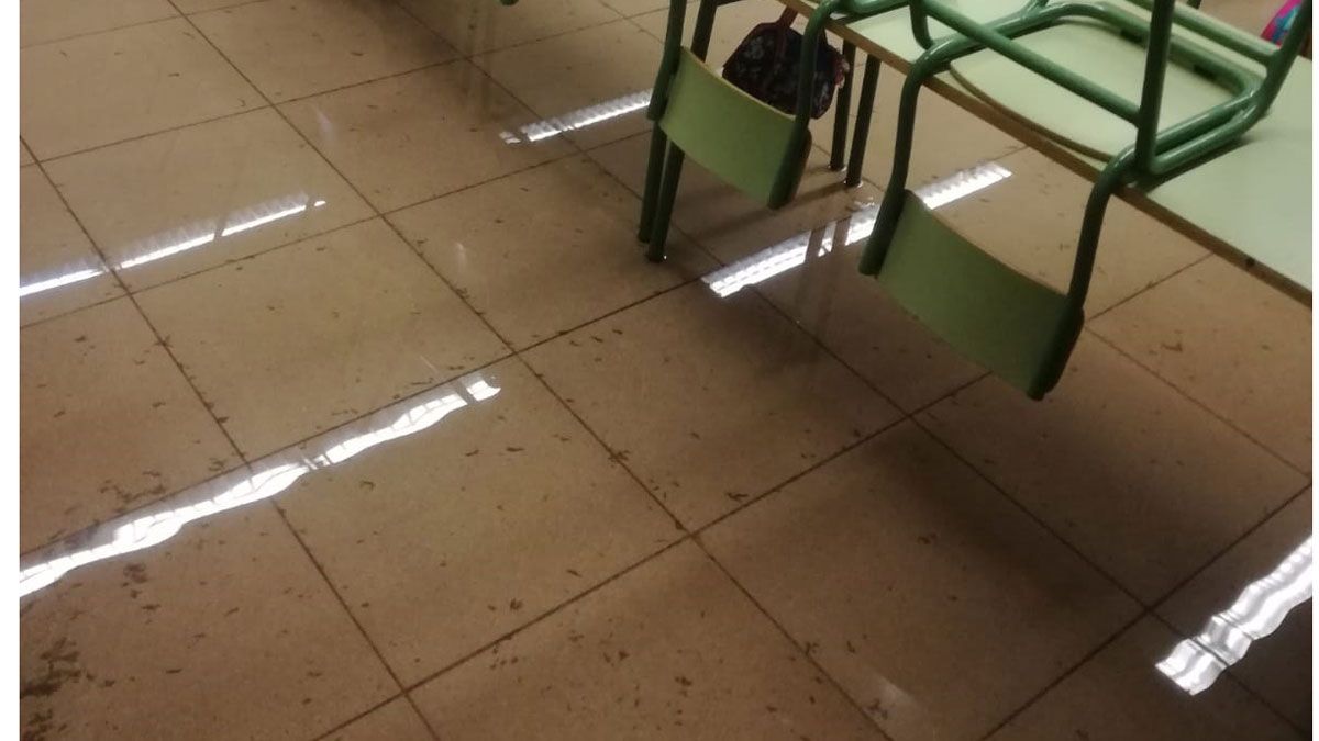 Una de las estampas de aguas fecales por el suelo de un aula, tras la limpieza.