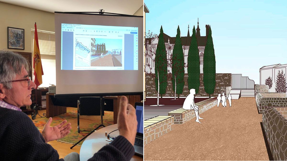 El arquitecto Herminio Dios, explicando el estudio, y la recreación de la zona de la Escuela de Idiomas. | P.F. El arquitecto Herminio Dios, explicando el estudio, y la recreación de la zona de la Escuela de Idiomas. | P.F.