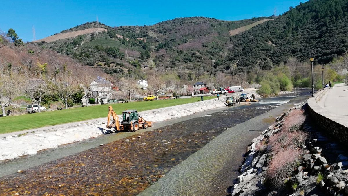 Momentos del rescate del perro, con la maquinaria en el río intentando liberarle. | R.CELA