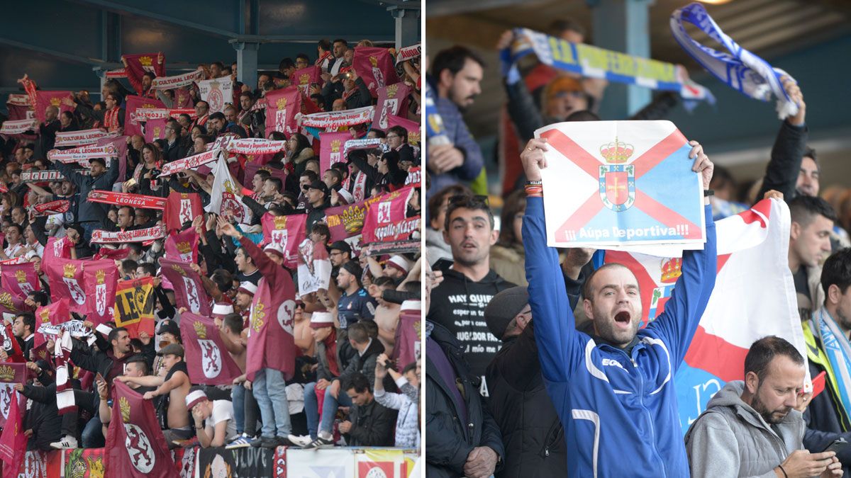 Los aficionados de la Cultural y de la Ponferradina, durante el derbi de la primera vuelta en El Toralín. | MAURICIO PEÑA