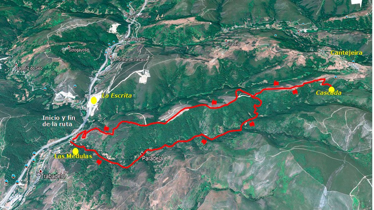 Ubicación de la ruta de senderismo ‘La casacada de Cantejeira’, en Google Earth.