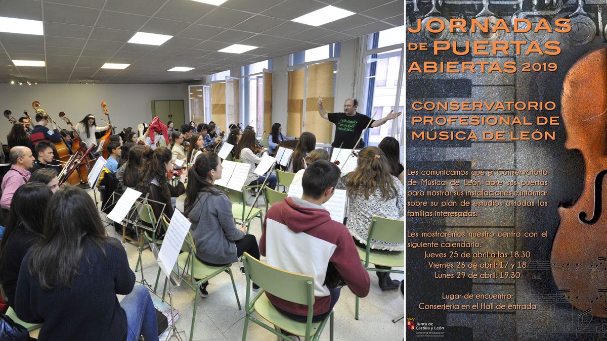 Alumnos del Conservatorio atienden una clase. A la derecha el cartel de las jornadas. | DANIEL MARTÍN / L.N.C.