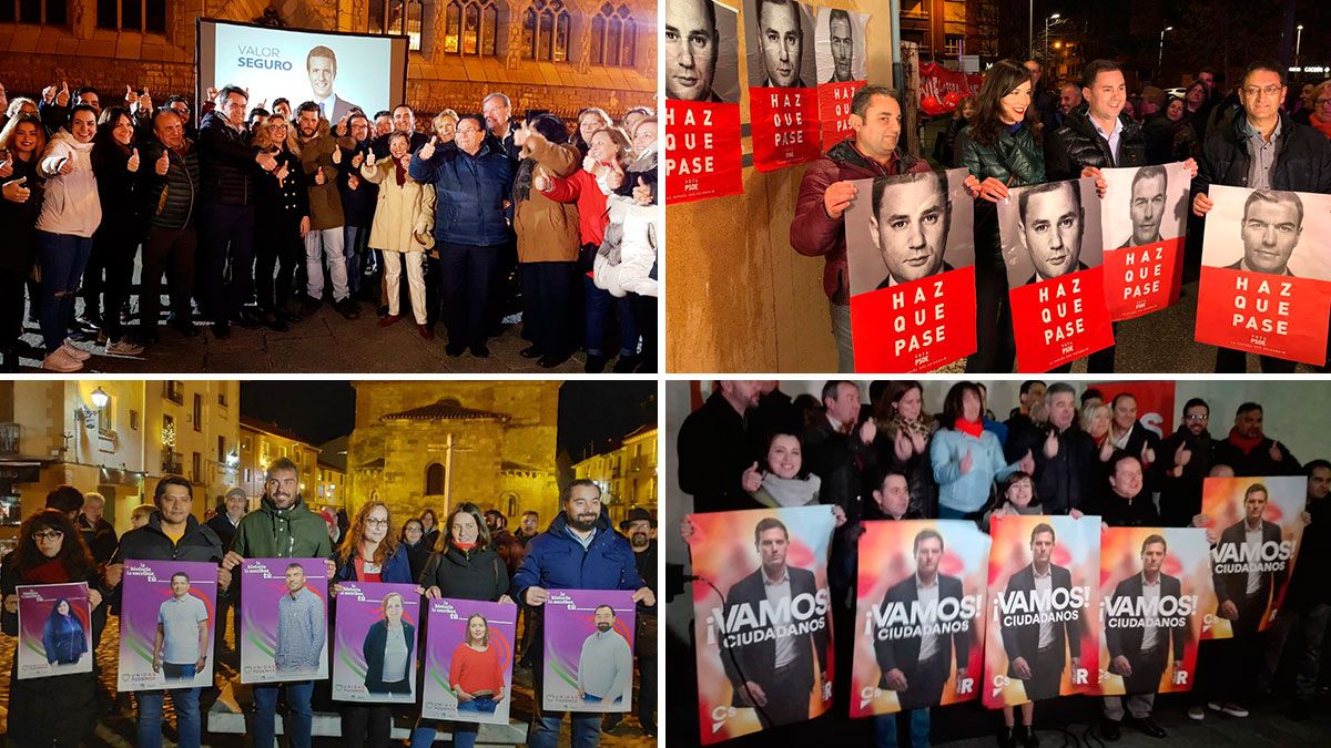 El PP celebró una pegada virtual de carteles en la Plaza de San Marcelo. El PSOE daba el pistoletazo del salida a la campaña en Espacio Vías. Unidas Podemos lo hizo en la Plaza del Grano y Ciudadanos frente al Auditorio.