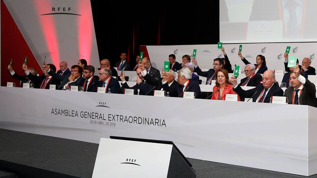 Un instante de la votación en la Asamblea de la Real Federación Española de Fútbol. | RFEF