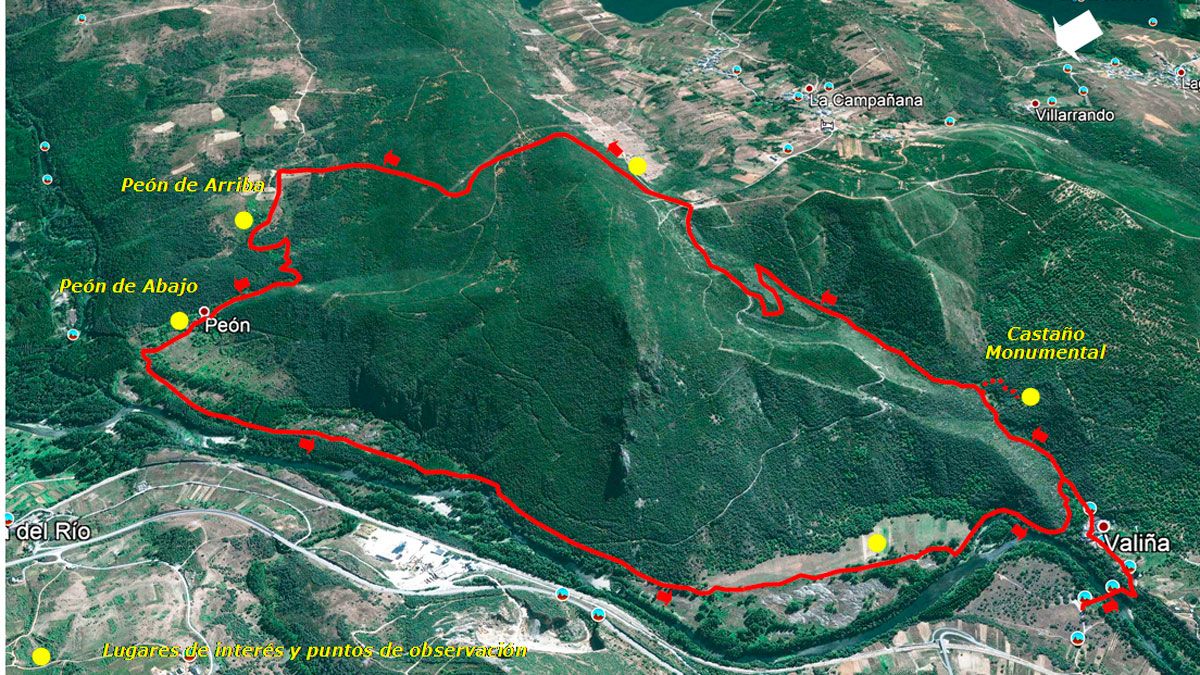 Ubicación de la ruta de senderismo ‘Un paseo por los pueblos de Valiña y Peón’, en Google Earth.