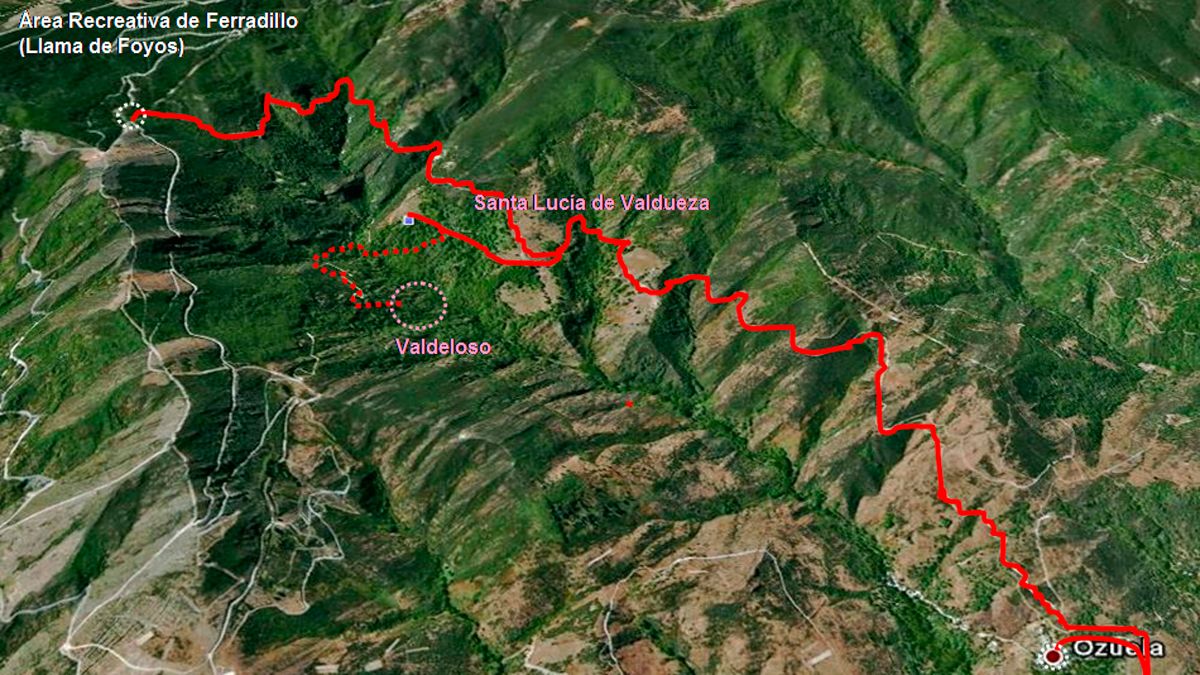 Ubicación de la ruta de senderismo Ruta por las aldeas despobladas: SANTA LUCÍA DE VALDUEZA, en Google Earth.