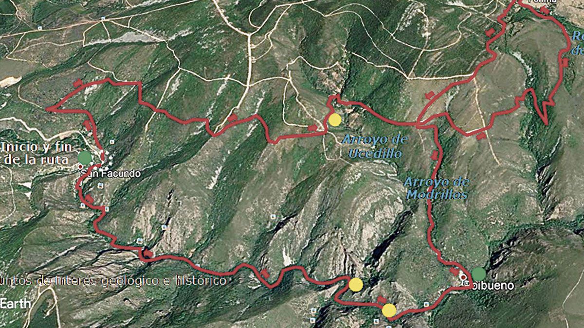 Ubicación de la ruta de senderismo ‘ De San Facundo a Fonfría y Poibueno’, en Google Earth. Ubicación de la ruta de senderismo ‘ De San Facundo a Fonfría y Poibueno’, en Google Earth.