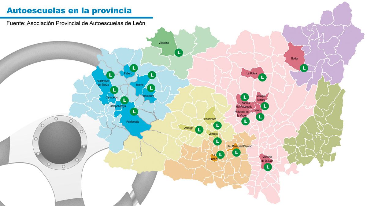 Mapa con los municipios que tienen al menos una autoescuela en la provincia de León. | L.N.C.