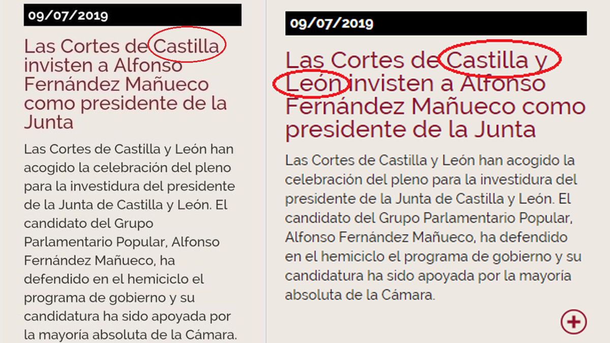 Imágenes de la página web de las Cortes de Castilla y León antes y después de rectificar el mensaje.