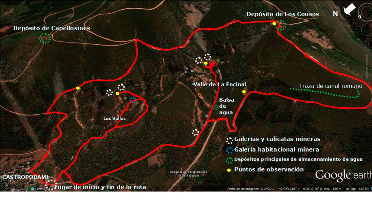 Ubicación de la ruta de senderismo 'Un paseo por las minas de Castropodame', en Google Earth.