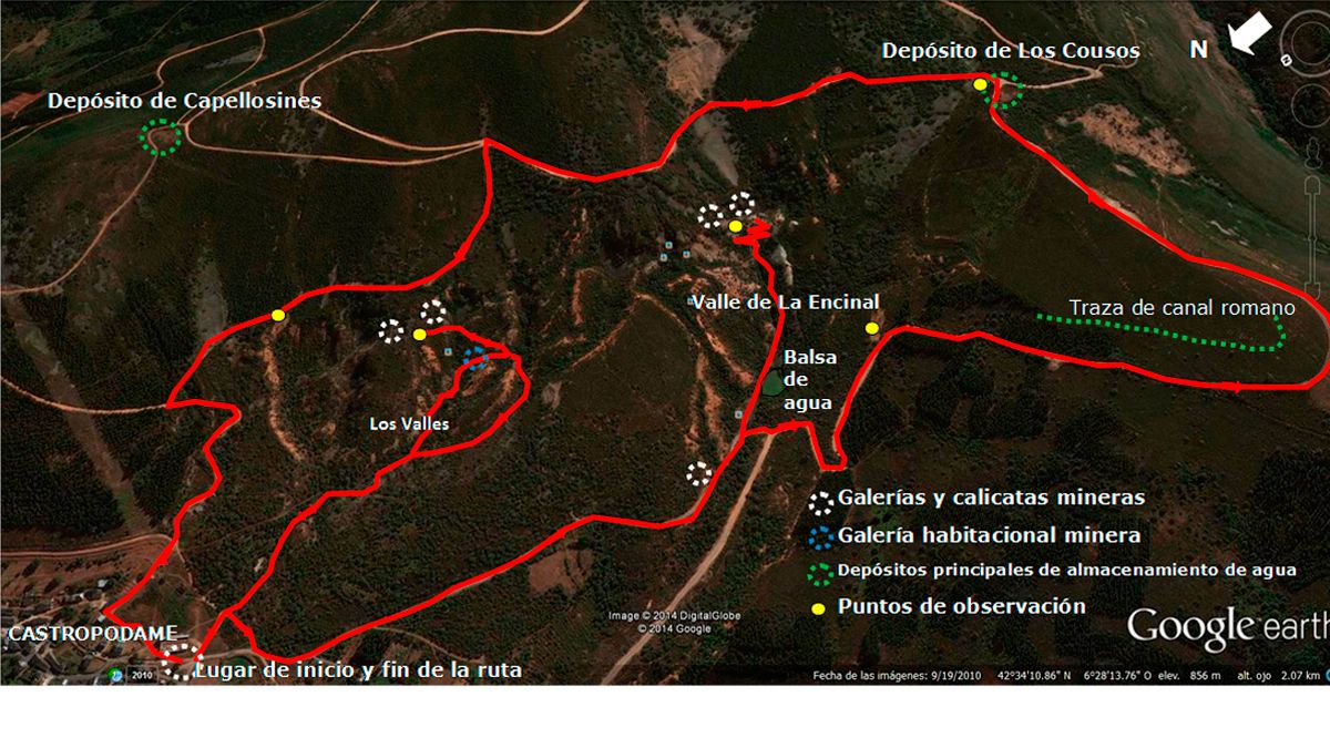 Ubicación de la ruta de senderismo 'Un paseo por las minas de Castropodame', en Google Earth. Ubicación de la ruta de senderismo 'Un paseo por las minas de Castropodame', en Google Earth.