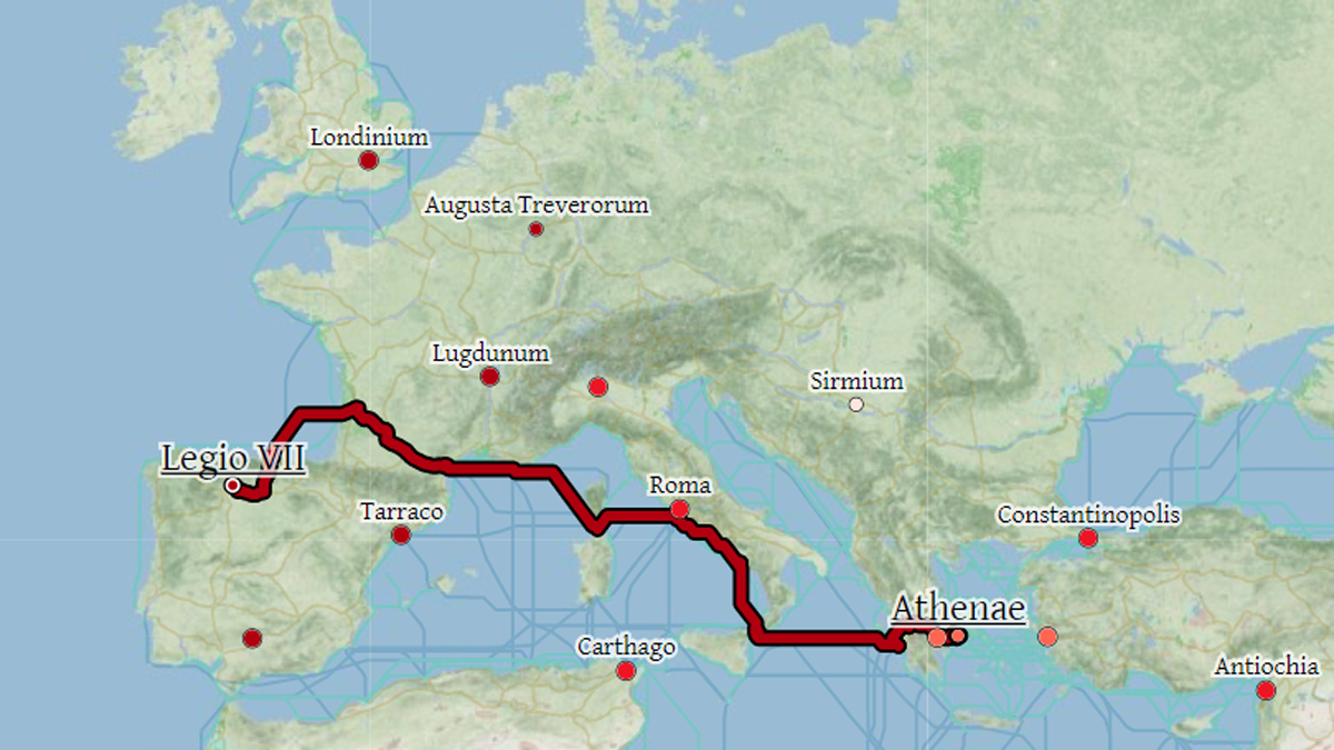 Imagen de la ruta más rápida a seguir para ir desde Legio VII (León) hasta Athenae (Atenas).
