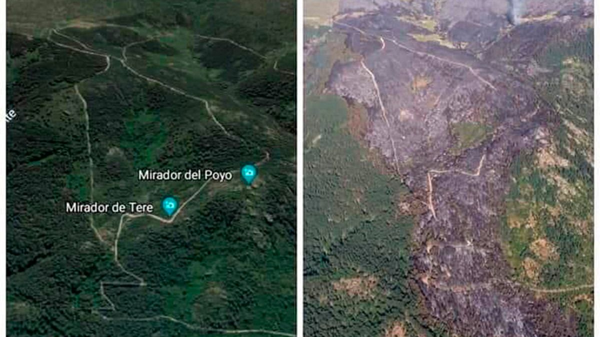 Imagen aérea del antes y el después del incendio en el Real Sitio de San Ildefonso. | ICAL