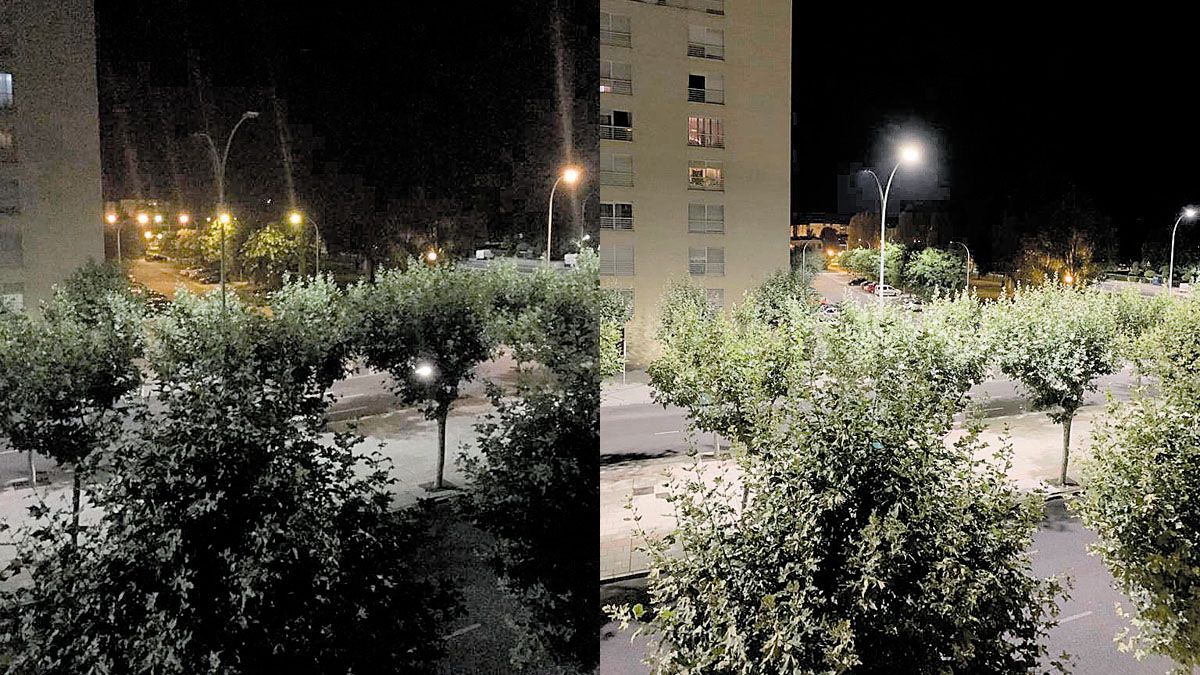 A la izquierda, la antigua iluminación en una zona de la avenida Reyes Leoneses. A la derecha, las nuevas luminarias. | L.N.C. A la izquierda, la antigua iluminación en una zona de la avenida Reyes Leoneses. A la derecha, las nuevas luminarias. | L.N.C.