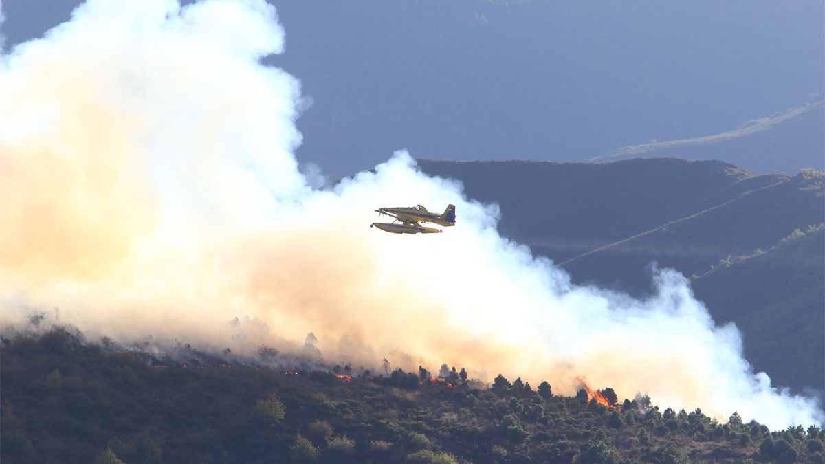 Un hidroavión en un vuelo durante la jornada del jueves en las inmediaciones de Valdecañada. | CÉSAR SÁNCHEZ (ICAL)