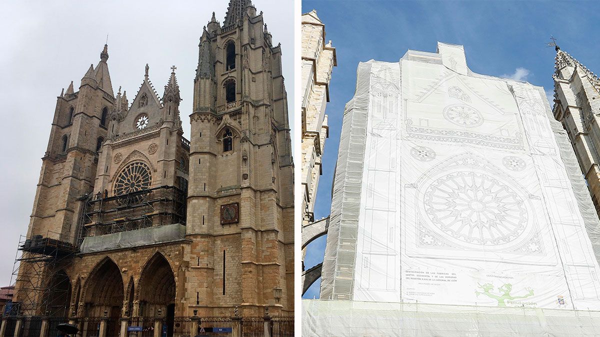 La Catedral de León en la jornada de este miércoles, prácticamente sin andamios (izquierda) y con ellos en una imagen del pasado verano. | L.N.C.