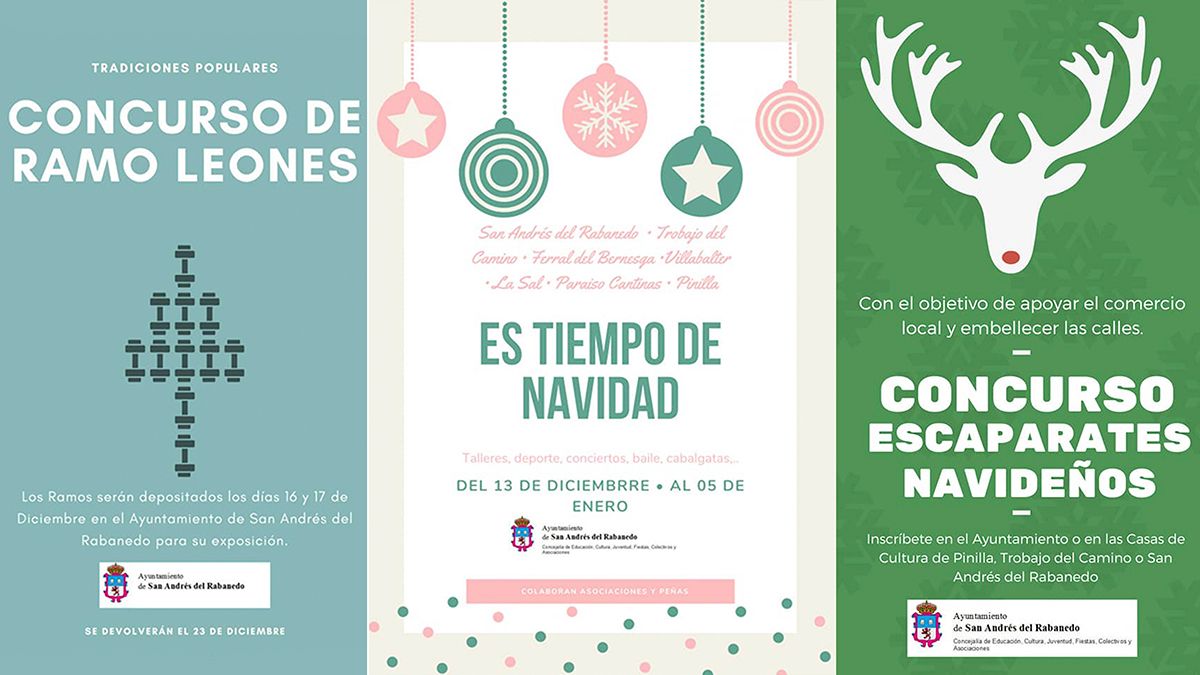Carteles de las tres iniciativas navideñas del Ayuntamiento de San Andrés del Rabanedo. | L.N.C.