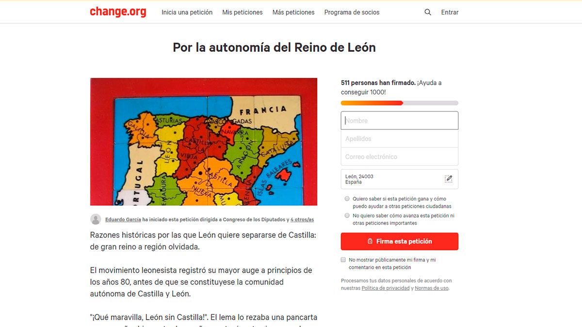 Pantallazo de la iniciativa en Change.org. | L.N.C.