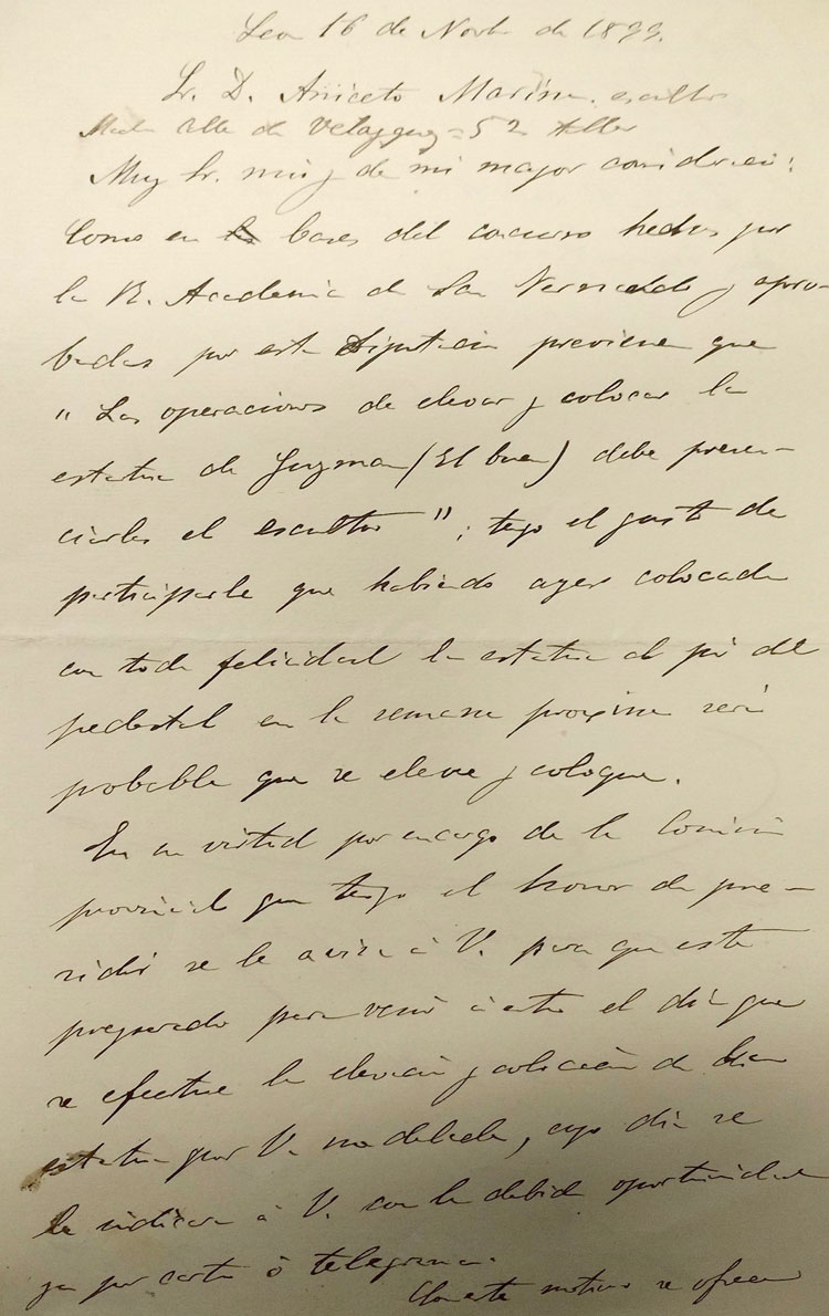 Carta al escultor A. Marinas.