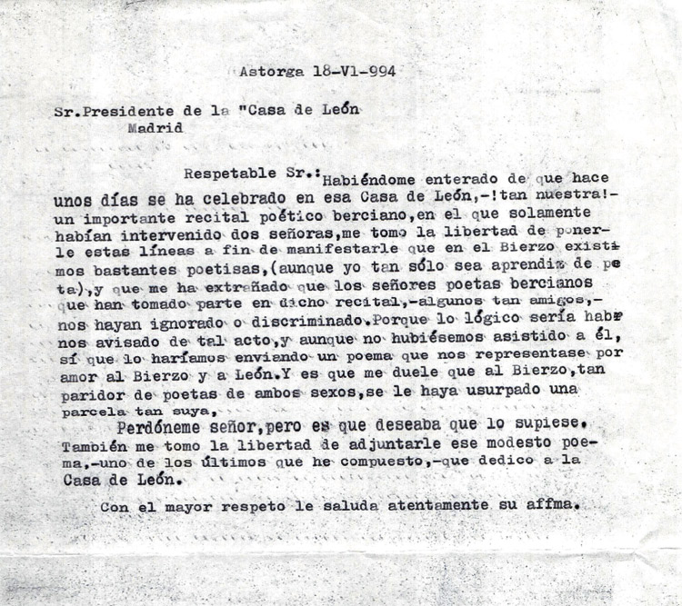 Carta al presidente de la Casa de León en Madrid.