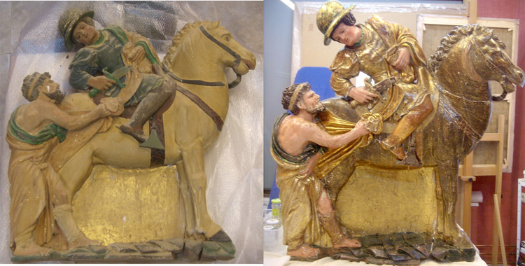 Detalle de una de las esculturas de San Martín, antes y después.