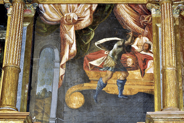 San Julián decapita a sus padres en el retablo de Valdavida.
