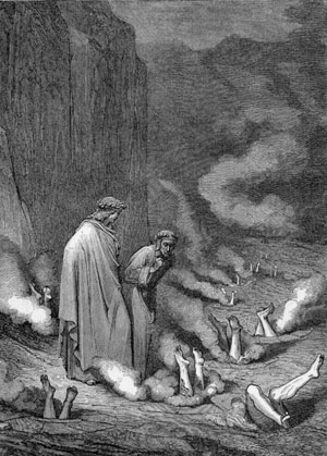 Los que han hecho negocio con asuntosespirituales en el Infierno de la Divina Comedia de Dante ilustrada por Gustavo Doré.