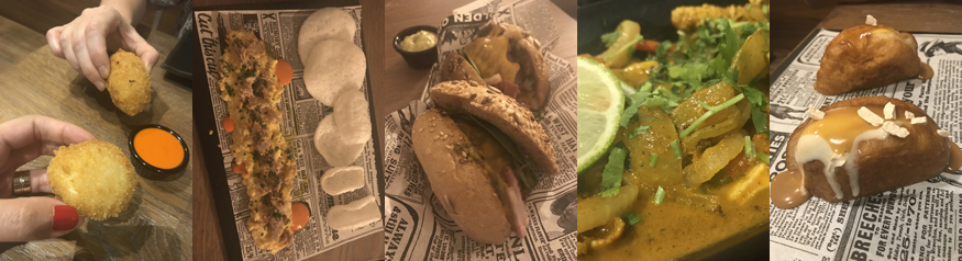 Los 'güevos fritos; la rusa; la hamburguesa de la casa; el wok de pollo al curry y el postre 'preñao de helao', algunos de los platos del nuevo Brulé de León. | S.M.