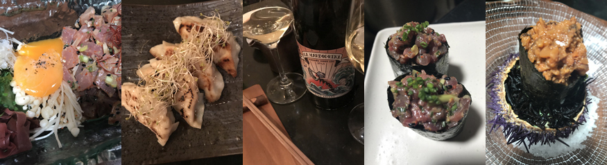 Tartar de atún picante, gyozas de cerdo, un albariño fresquito, gunkan de steak tartar y gunkan de erizo, algunos de los platos del restaurante japonés Koi, en León. | S.M.