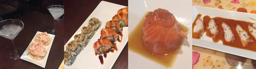 Algunos de las especialidades del restaurante madrileño Minabo: margaritas con Salmon tower, sushi, makis, Flor de salmón marinado y Sashimi de Serranito. | S.M.