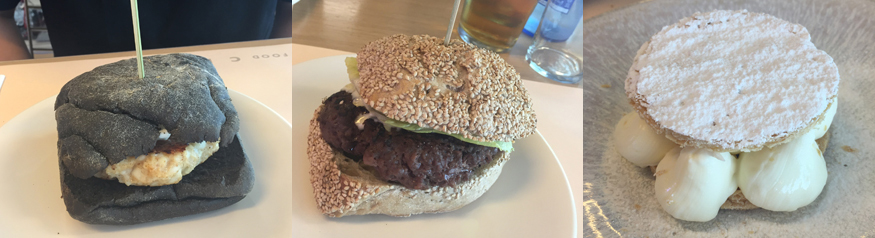 La hamburguesa de sepia fresca con cebolla, alioli y pan negro, la de carne de buey Valles del Esla con pan de sésamo y uno de los postres: milhojas relleno de crema de nata. Todo ello en la cafetería Cidón del Musac, en León. | S.M.