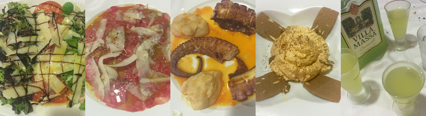 Ensalada de perdiz escabechada, carpaccio de ternera, pulpo a la plancha, mousse de dulce de leche y limoncello para brindar por una comida estupenda en el Piccolo. | S.M.