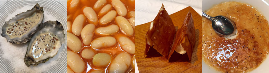 Cuatro de los 18 platos del menú Carreño de Casa Gerardo: tartar de ostra, caviar de ternera y jugo de frutos secos; fabada de Prendes; bocadillo crujiente de quesos; crema de arroz con leche requemada. | S.M.