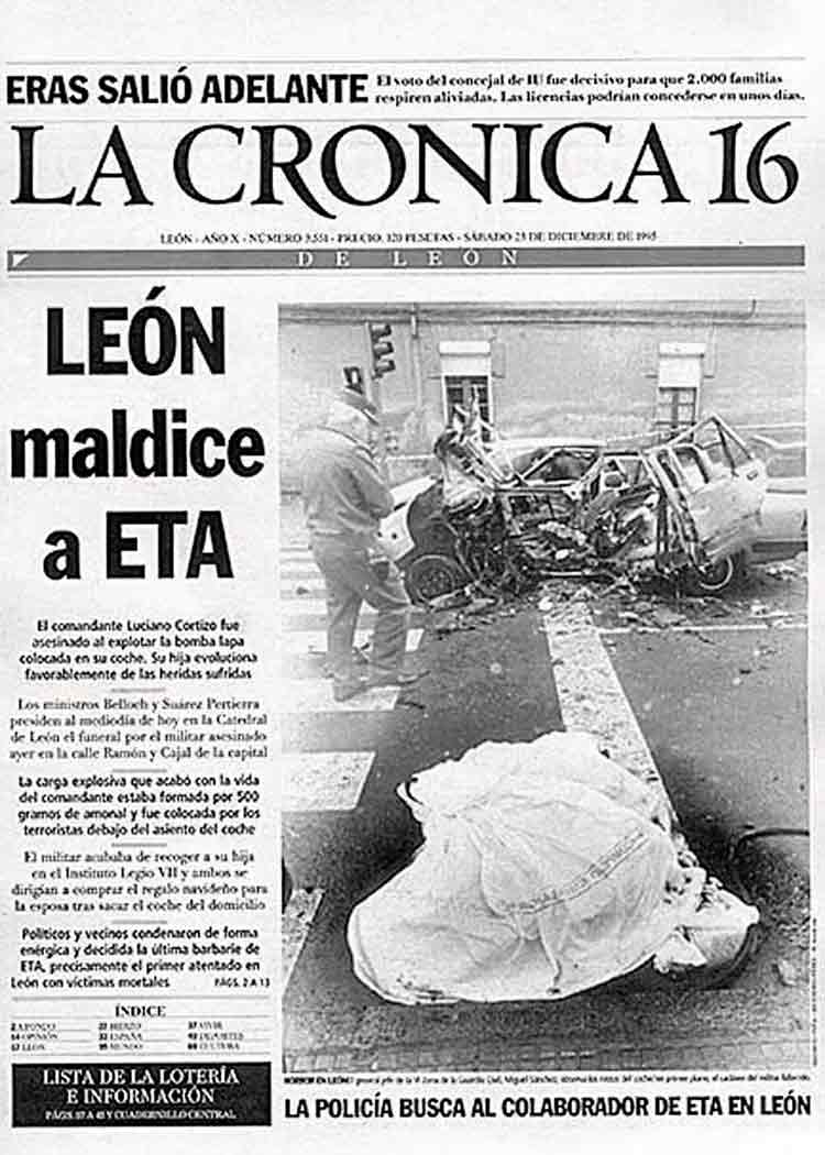 Portada que publicó el desaparecido diario leonésLa Crónica al día siguiente del atentado terrorista en León.