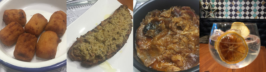Croquetas de jamón, tosta de boletus con foie y trufa, manitas deshuesadas y un gintonic en el Rúa 11. | S.M.
