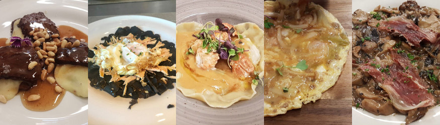 Escalopines de entrecot de cebón rellenos de queso; carpaccio de trufa con virutas de foie y huevo; ravioli de setas con trufa y cigala; tortilla vaga de gambas, setas y ajetes; y menestra de setas de oroño, algunos de los platos de las II Jornadas de Setas y Hongos del Nimú Azotea, en León.