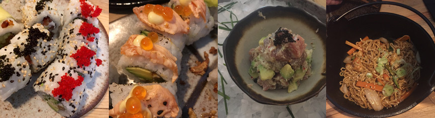 Dos tipos de Uramakis, tartar de atún y yakisoba de langostinos en el Sibuya. | S.M.